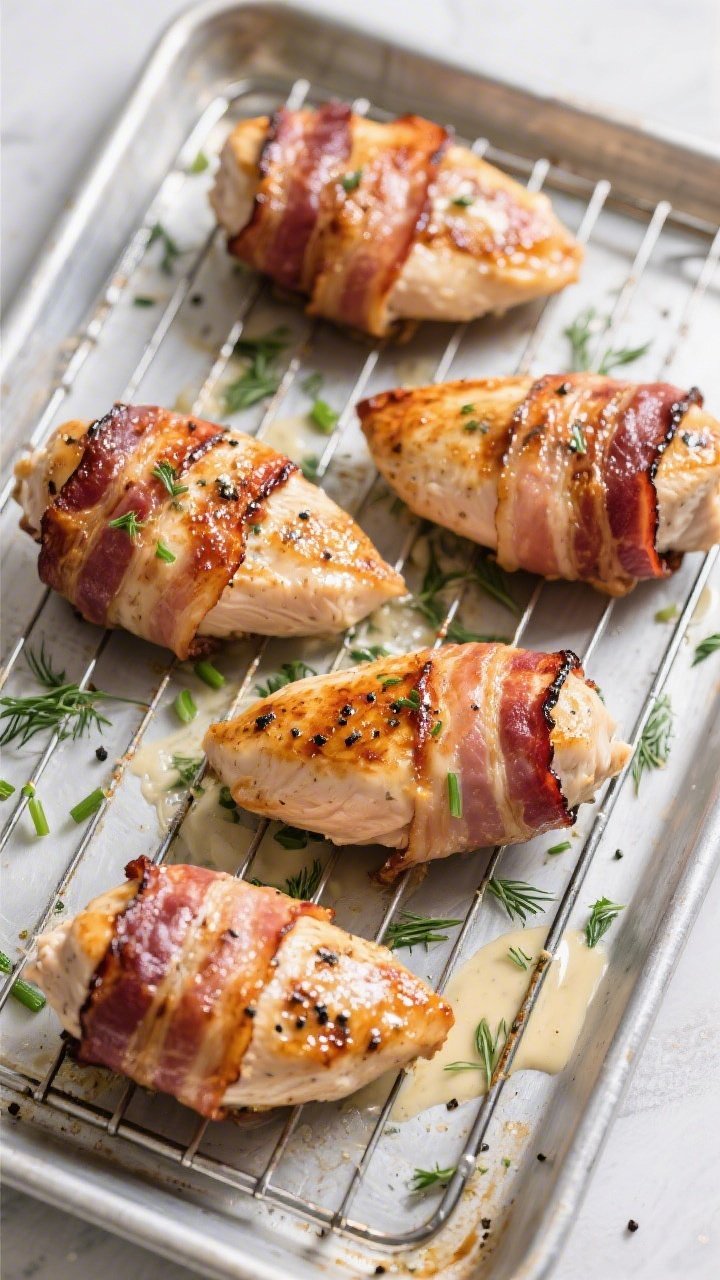 Tasty top view: Overhead shot of four bacon-wrapped chicken breasts spaced apart on a wire rack set 