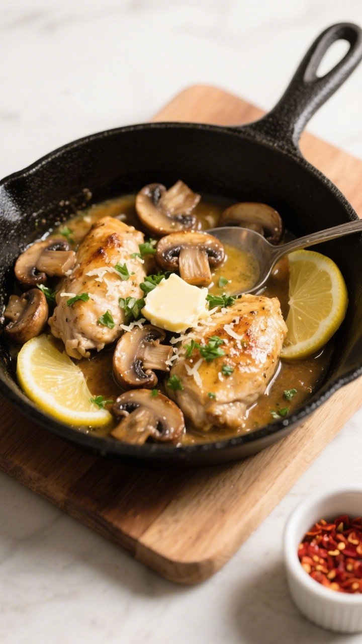 Tasty top view: Overhead shot of Garlic Butter Chicken and Mushrooms Skillet right before serving—