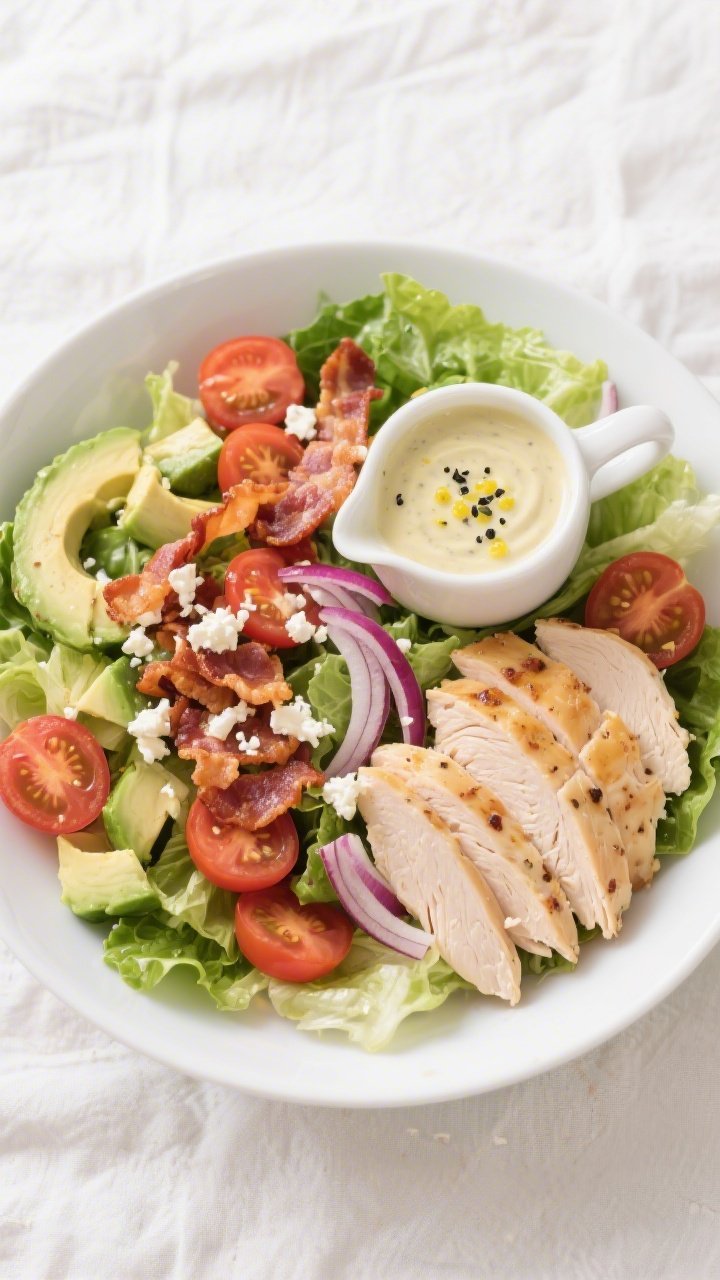 Tasty top view: Overhead shot of Keto BLT Salad with Chicken just before tossing—crisp chopped rom