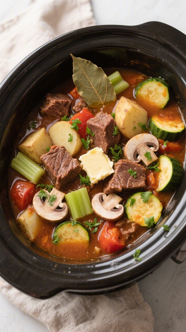 Tasty top view: Overhead shot of keto crockpot beef stew just after the zucchini and butter are stir