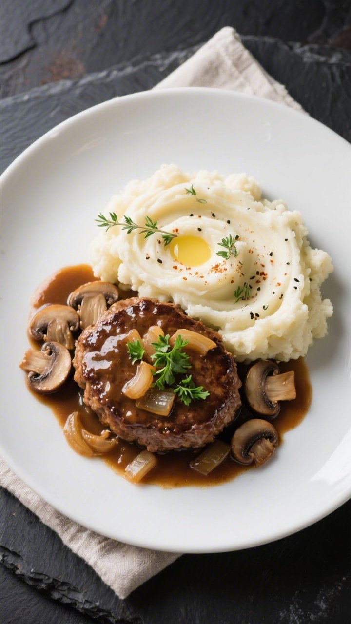 Tasty top view: Overhead shot of Keto Salisbury Steak nestled in glossy mushroom-onion gravy, garnis