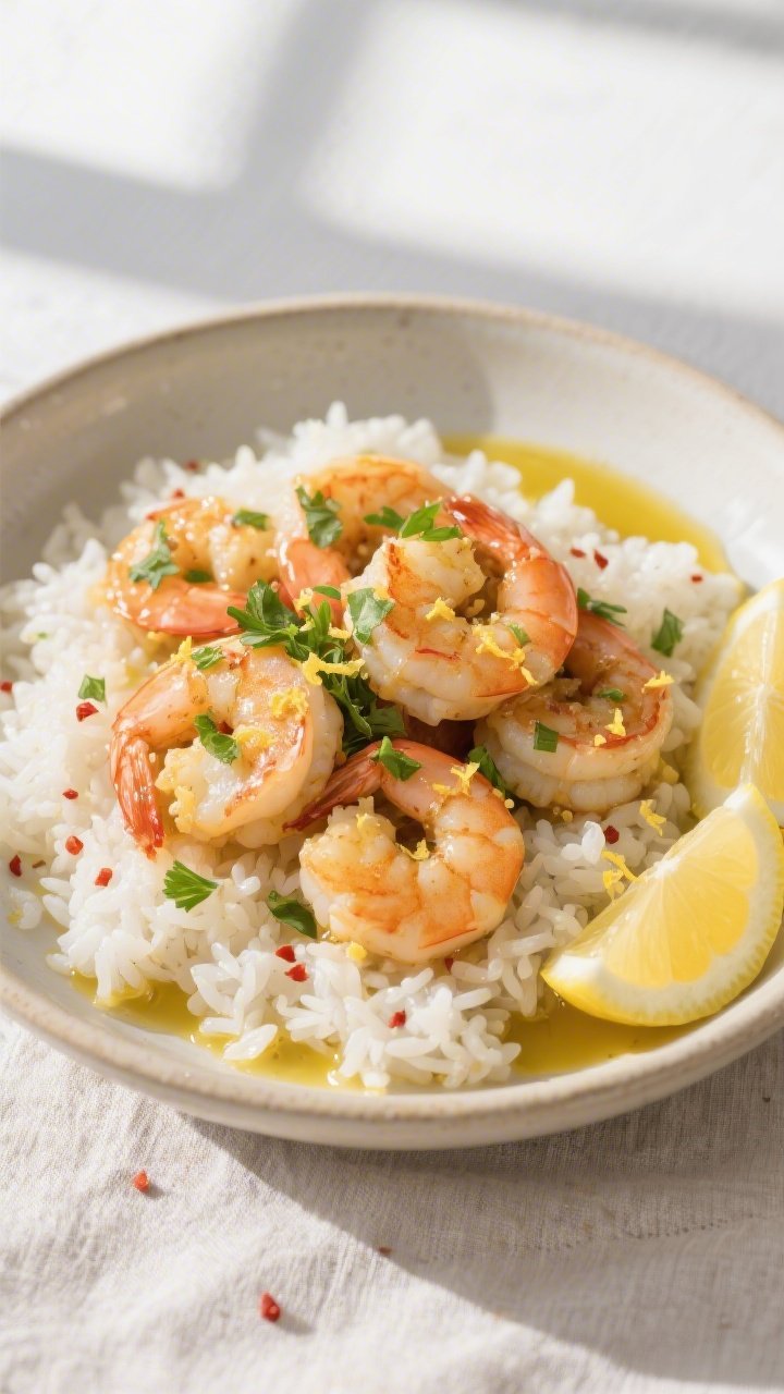 Tasty top view: Overhead shot of lemon garlic butter shrimp tossed with the pan sauce, garnished wit