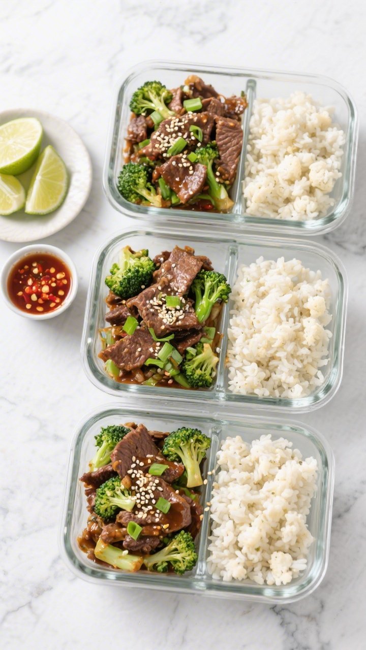 Tasty top view: Overhead shot of meal-prep portions—three sleek glass containers filled with the f