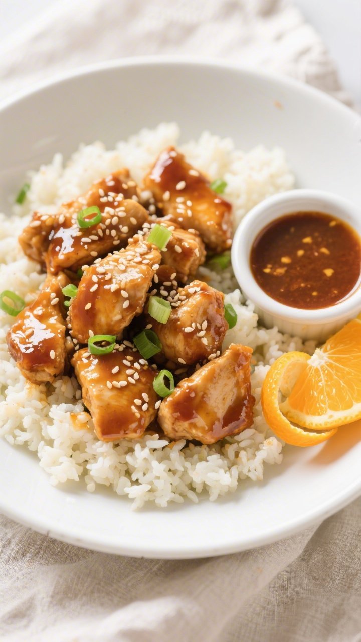 Tasty top view: Overhead shot of Million Dollar Keto Orange Chicken served over fluffy steamed cauli
