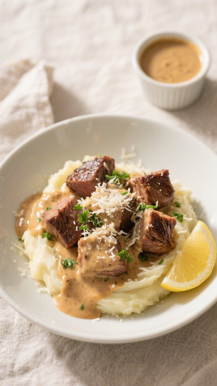 Tasty top view: Overhead shot of Rich & Creamy Parmesan Garlic Steak Bites served over buttery mashe