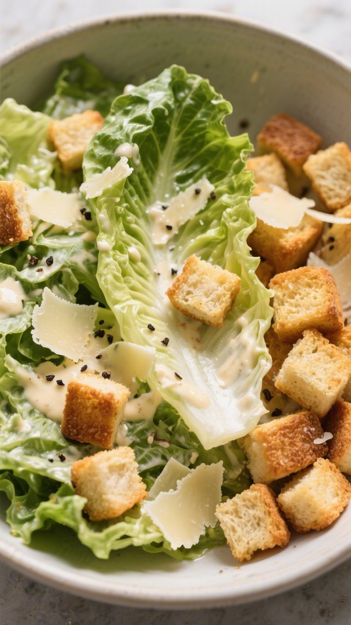 Tasty top view: Overhead shot of romaine being gently tossed in a large bowl with just enough creamy