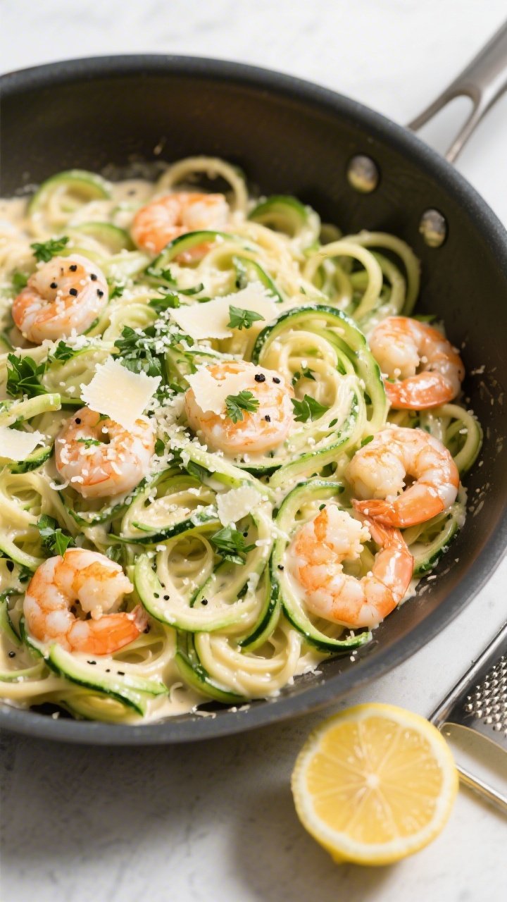 Tasty top view: Overhead shot of Shrimp Alfredo with Zoodles tossed together in a wide sauté pan—