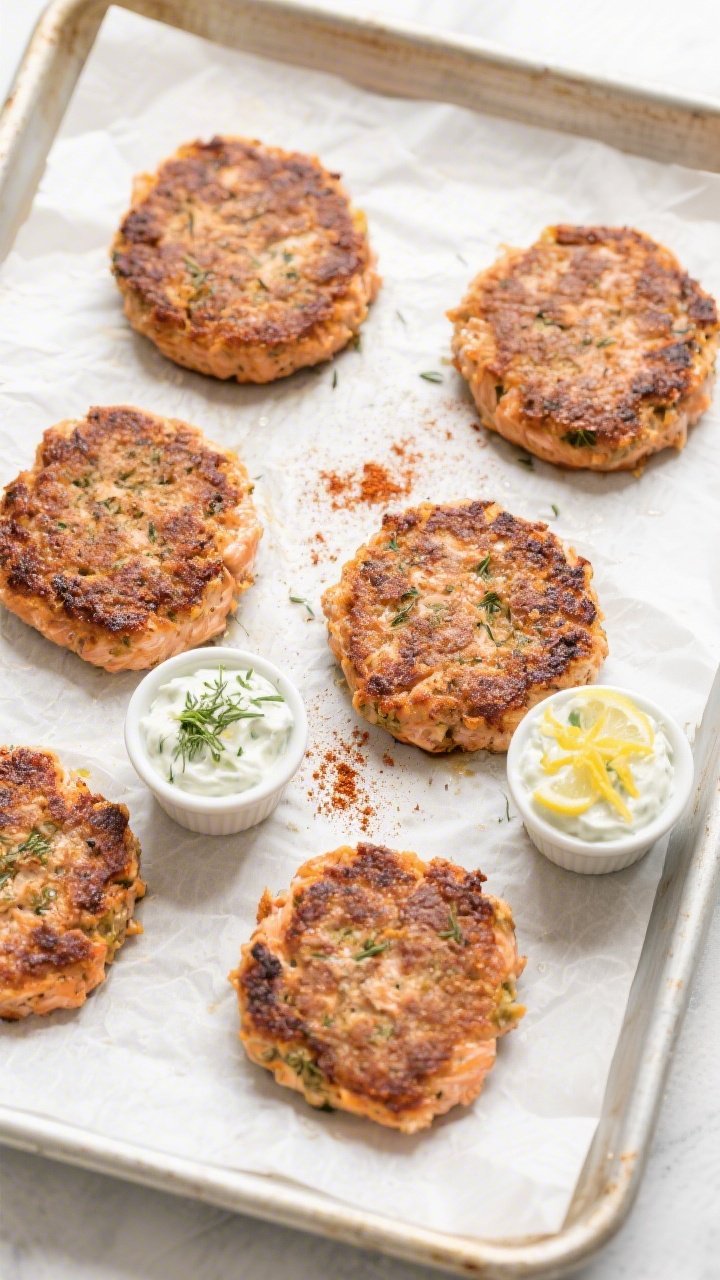 Tasty top view: Overhead shot of six evenly browned salmon patties on a parchment-lined sheet pan, s