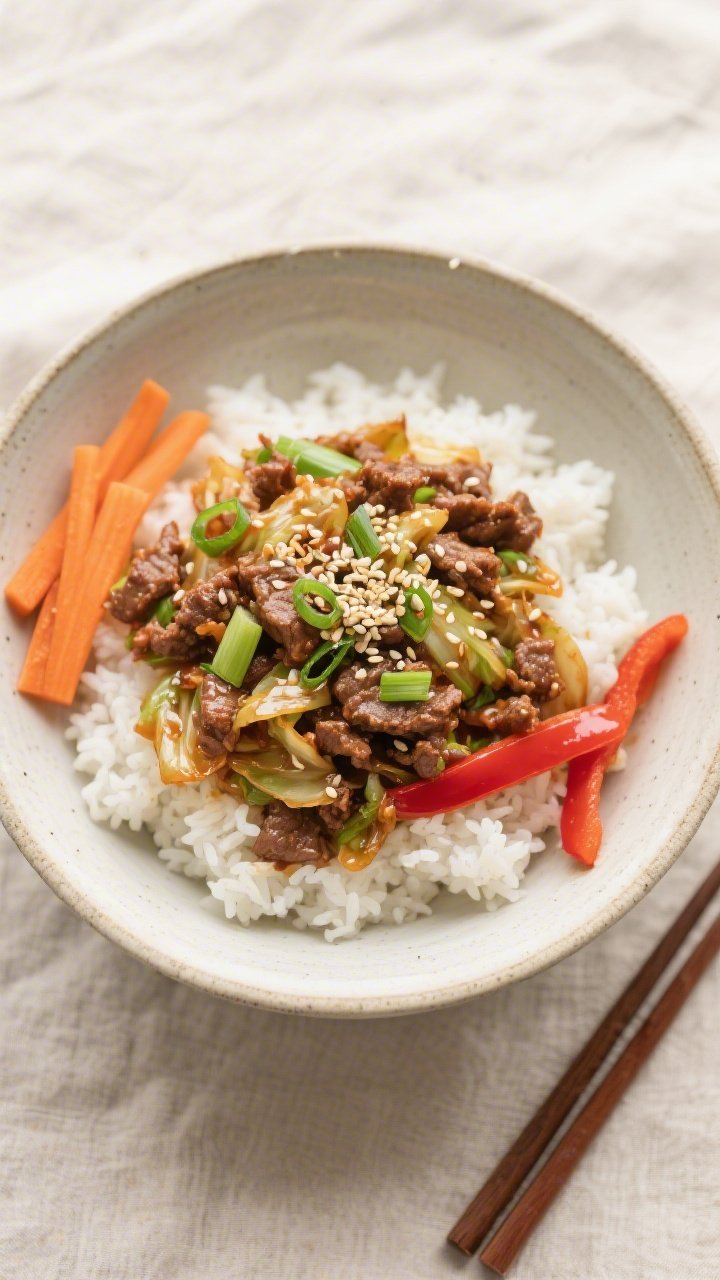 Tasty top view: Overhead shot of spicy ground beef and cabbage stir fry served over fluffy white ric
