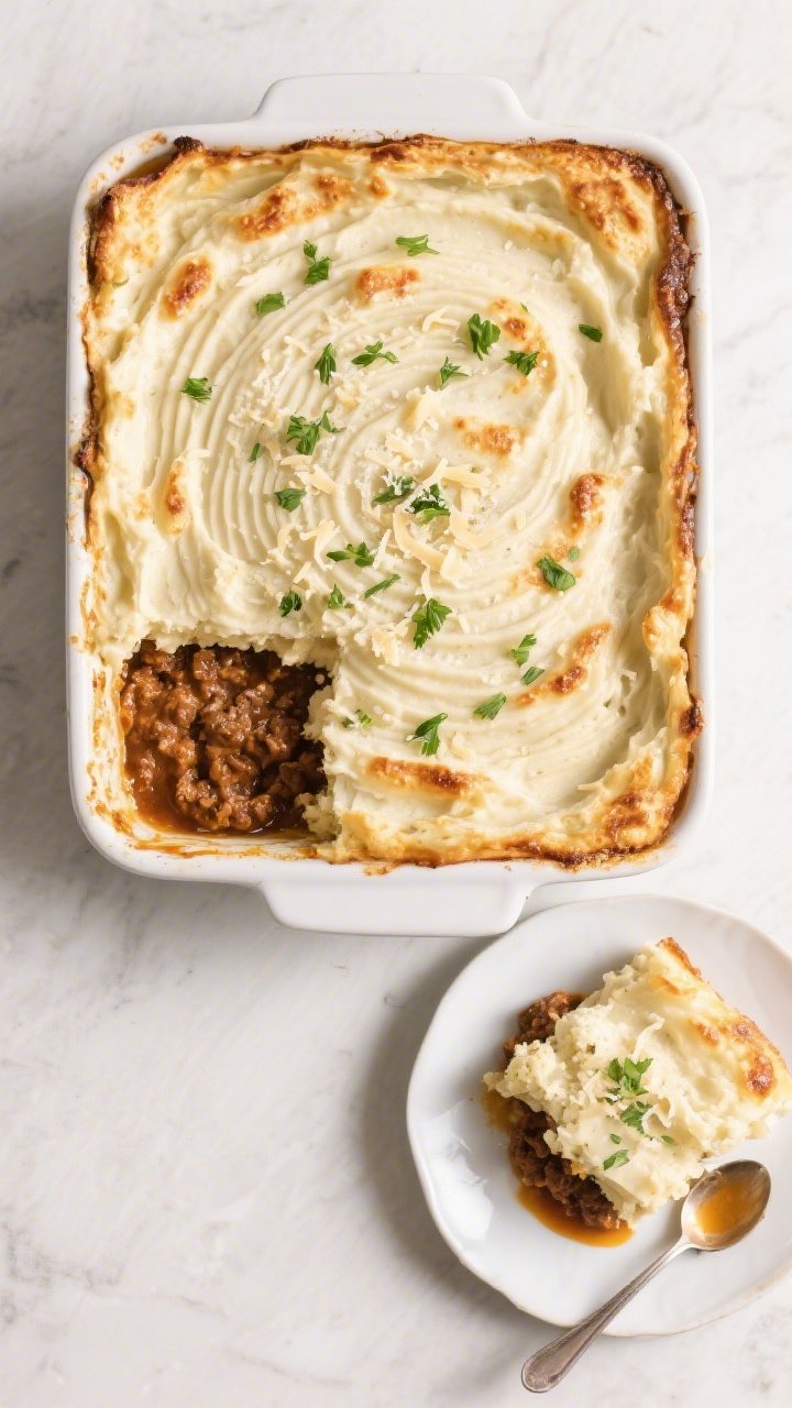 Tasty top view: Overhead shot of the assembled and baked keto shepherd’s pie in a 9x9 pan, creamy 