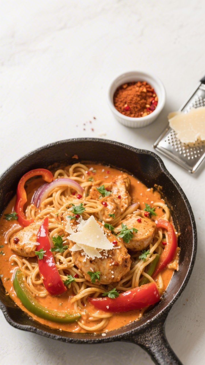 Tasty top view: Overhead shot of the assembled skillet of creamy Cajun chicken with shirataki noodle