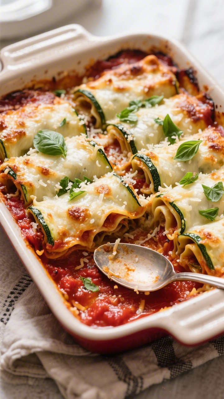 Tasty top view: Overhead shot of the baked zucchini lasagna roll ups just out of the oven, cheese me