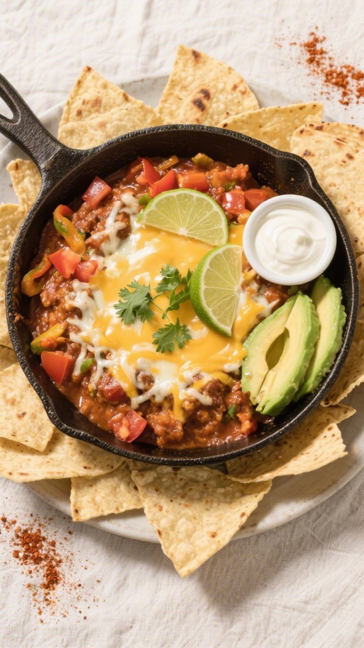 Tasty top view: Overhead shot of the Cheesy Taco Skillet served family-style with warm tortillas and