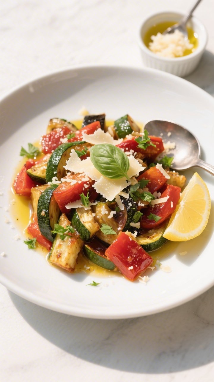 Tasty top view: Overhead shot of the final plated Keto Ratatouille with Parmesan in a shallow white 
