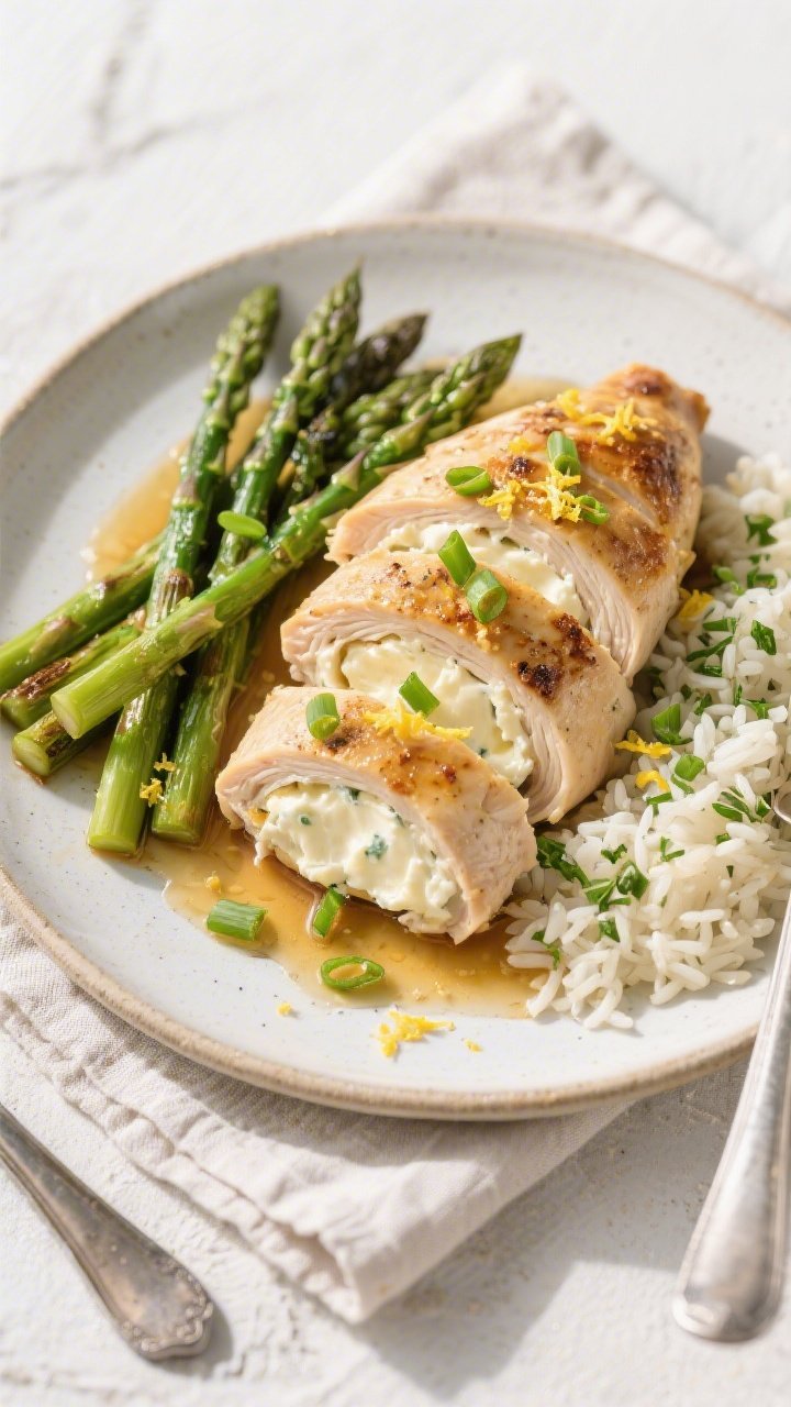 Tasty top view: Overhead shot of the final plated Cream Cheese Stuffed Chicken sliced on a ceramic d