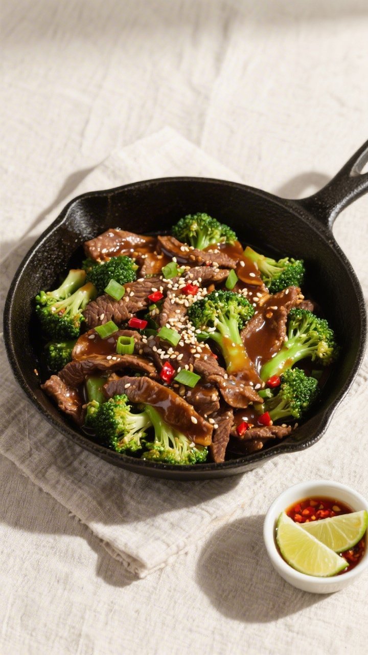 Tasty top view: Overhead shot of the finished beef and broccoli just after saucing, bright green cri