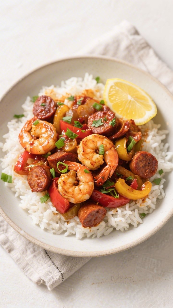 Tasty top view: Overhead shot of the finished Cajun Shrimp and Sausage Skillet served over fluffy wh