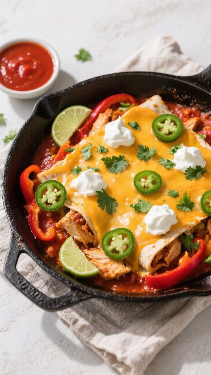 Tasty top view: Overhead shot of the finished Keto Chicken Enchilada Skillet garnished with chopped 