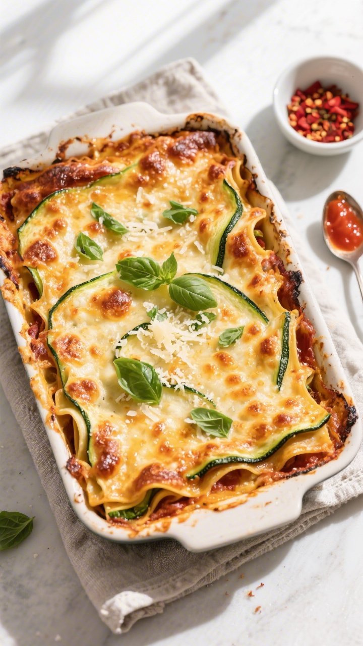 Tasty top view: Overhead shot of the finished keto zucchini lasagna just out of the oven, cheese dee