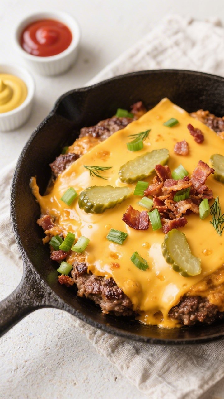 Tasty top view: Overhead shot of the finished Keto Cheeseburger Skillet blanketed with melted, bubbl