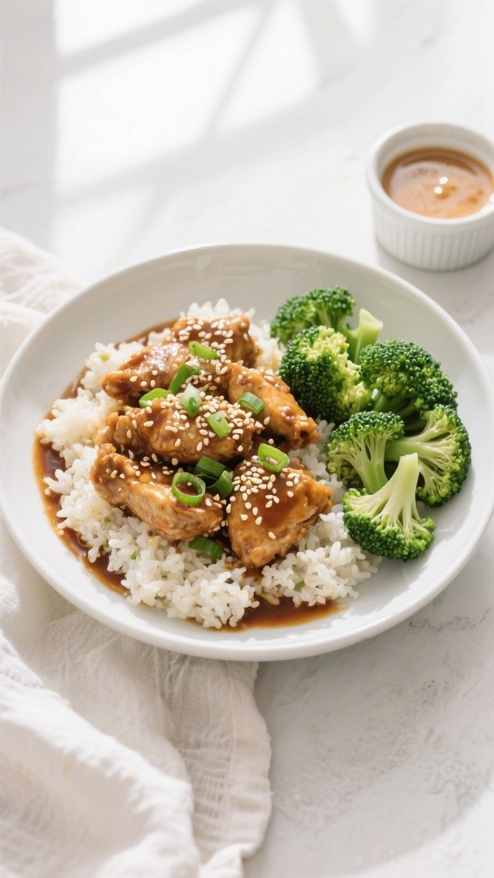 Tasty top view: Overhead shot of the finished keto sesame chicken served over fluffy cauliflower ric