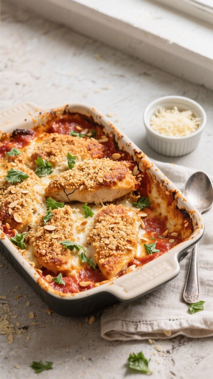 Tasty top view: Overhead shot of the finished Keto Chicken Parmesan Casserole just out of the oven, 