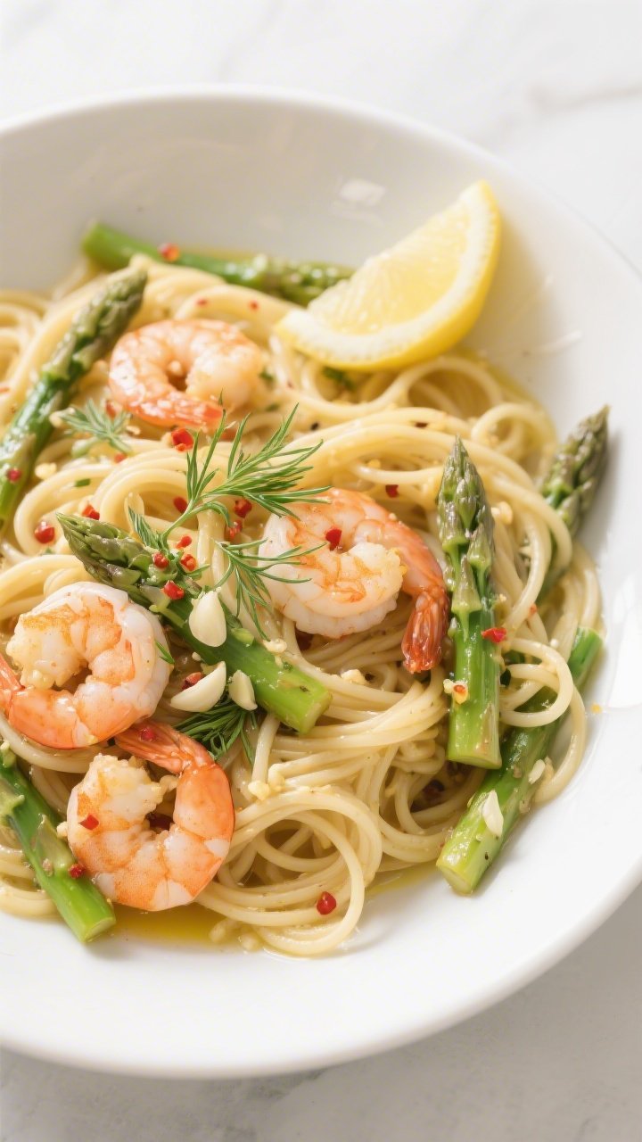 Tasty top view: Overhead shot of the finished shrimp and asparagus tossed with al dente linguine, sa
