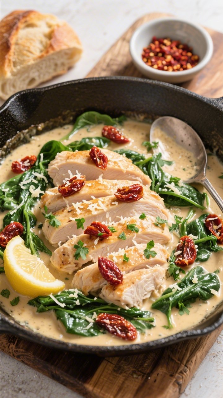 Tasty top view: Overhead shot of the finished skillet dinner family-style—sliced chicken breasts f