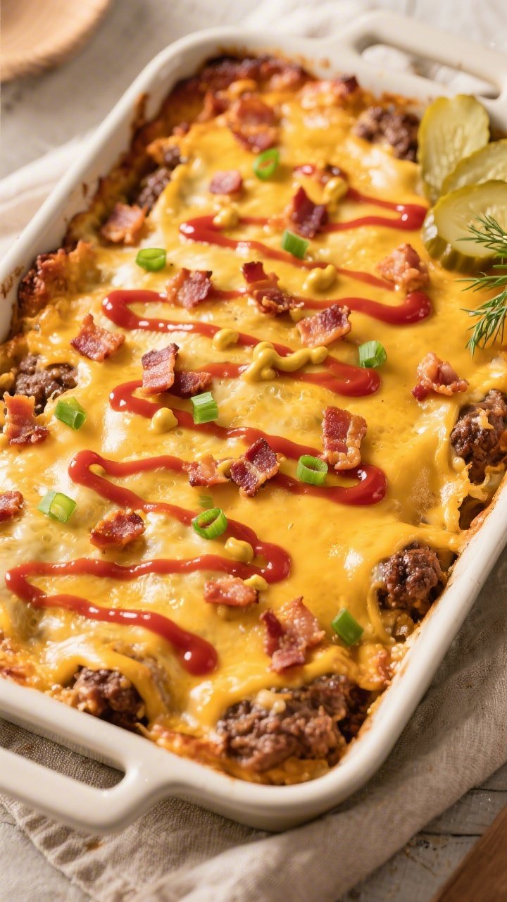 Tasty top view – Overhead shot of the Million Dollar Bacon Cheeseburger Bake just out of the oven