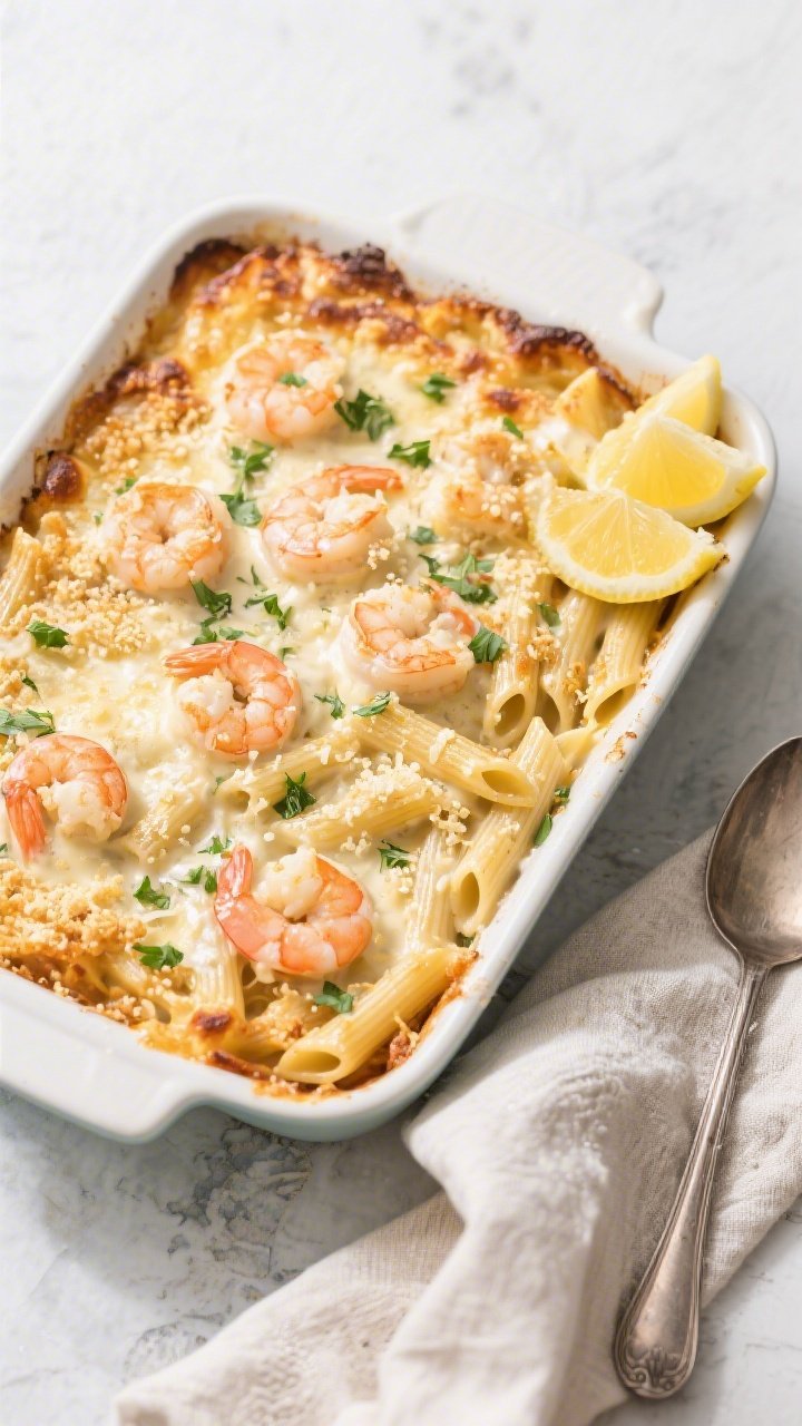 Tasty top view: Overhead shot of the Shrimp Alfredo Bake straight from the oven in a 9x13 baking dis