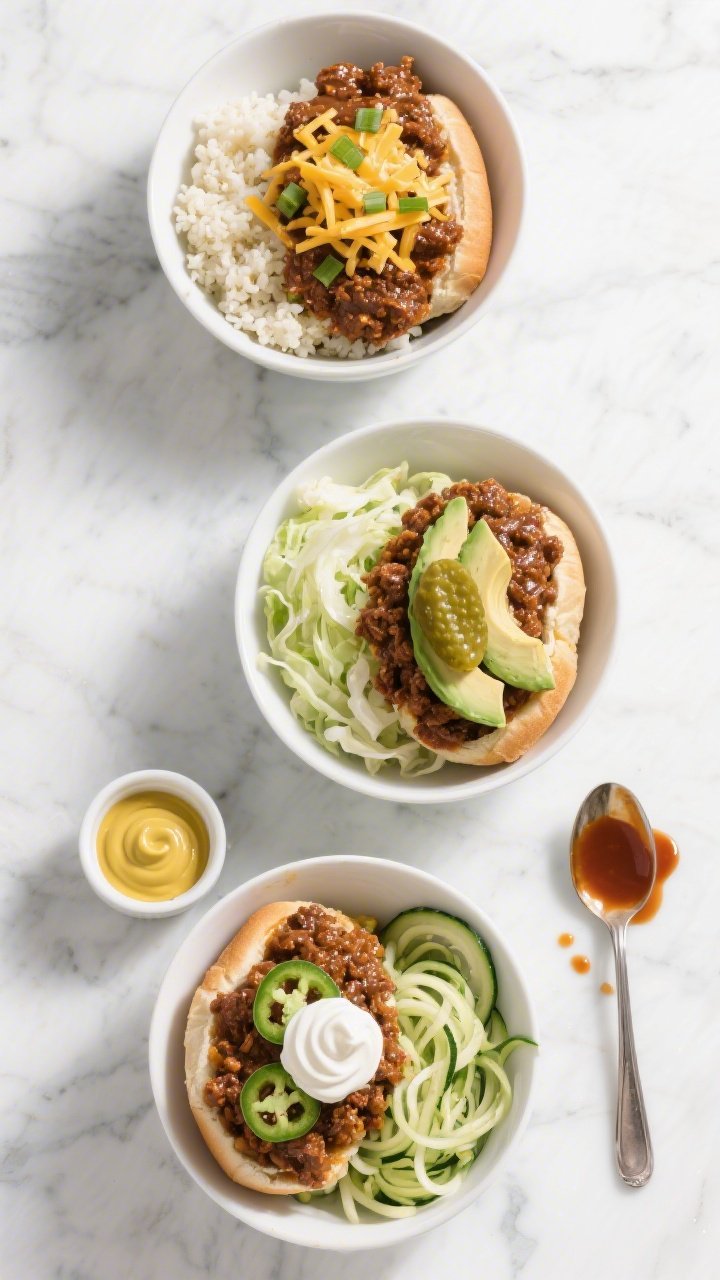 Tasty top view: Overhead shot of three build-your-own Keto Sloppy Joe Bowls showcasing variety—one