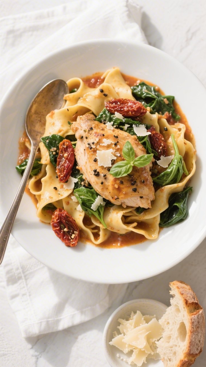 Tasty top view: Overhead shot of Tuscan chicken spooned over wide pappardelle pasta in a wide white 