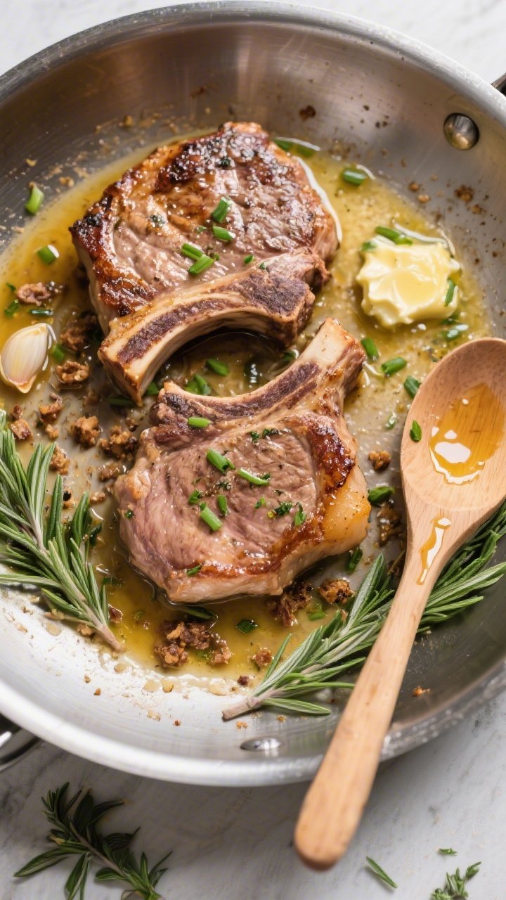 Tasty top view: Overhead shot of two bone-in pork chops resting on a shallow pool of pan sauce in a 