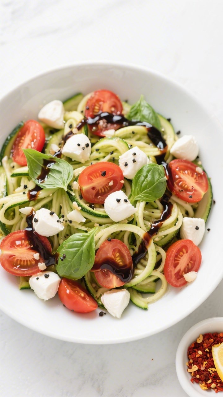 Tasty top view: Overhead shot of Zoodle Caprese salad tossed in a wide white bowl—crisp zucchini n