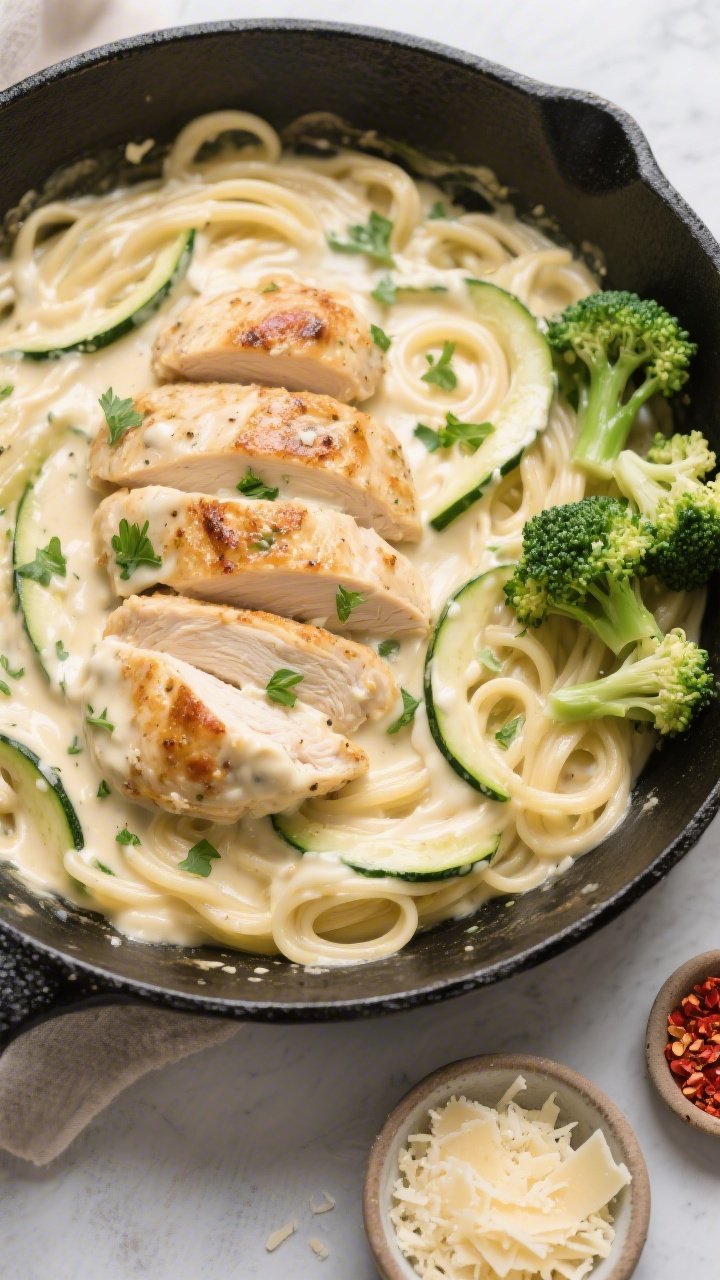 Tasty top view, overhead skillet: Overhead shot of the finished one-pan chicken alfredo in a black c