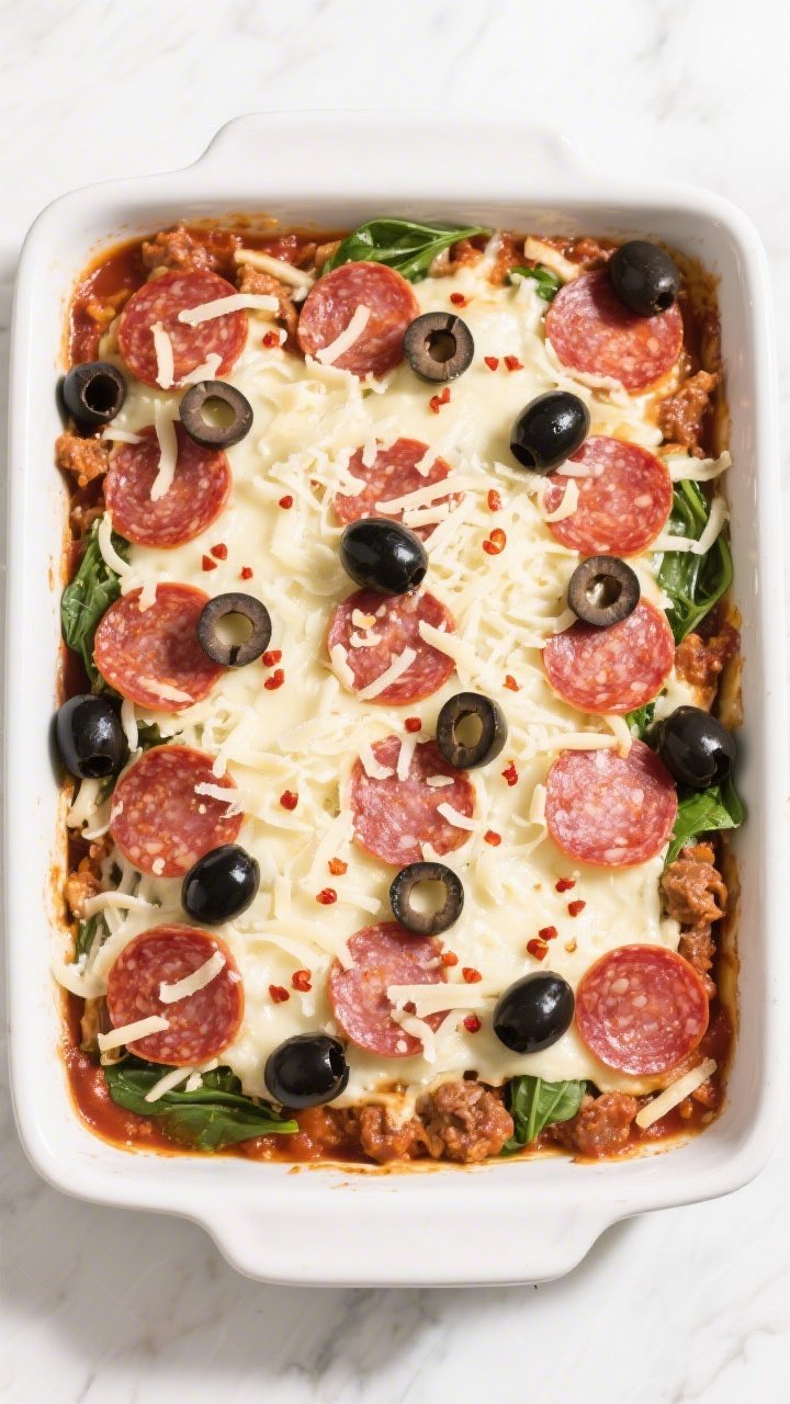 Tasty top view (pre-bake layering): Overhead shot of the assembled casserole in a 9x9 baking dish, s