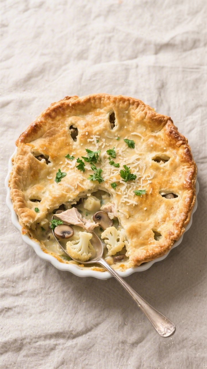 Tasty top view, rustic bake: Overhead shot of the baked keto chicken pot pie in a 9-inch pie dish wi