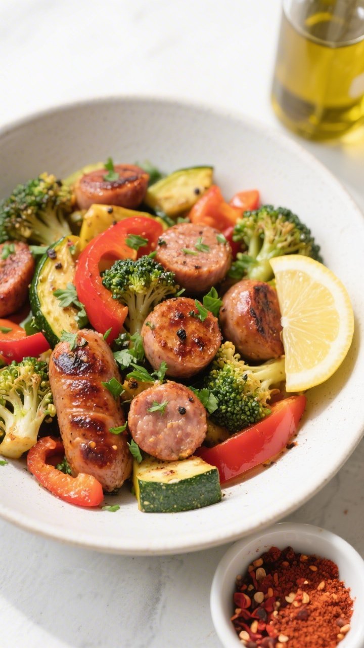 Tasty top view, vibrant keto bowl: Overhead shot of the finished Keto Sausage and Veggie Skillet ser
