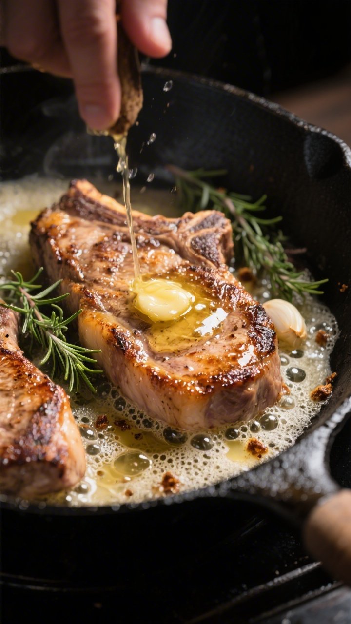 Close-up action shot of seared pork chops in a black cast-iron skillet during basting, golden-brown 