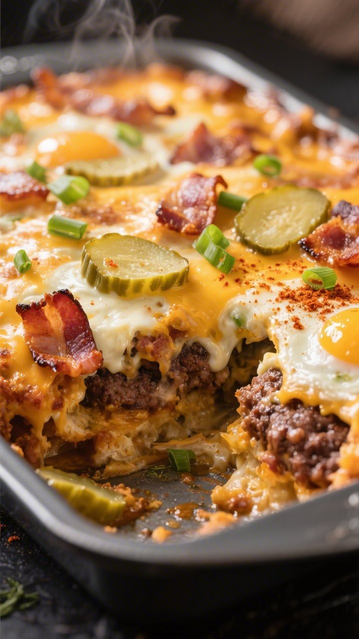 Close-up detail: A bubbling Keto BBQ Bacon Whopper Casserole just out of the oven, showing melted ch