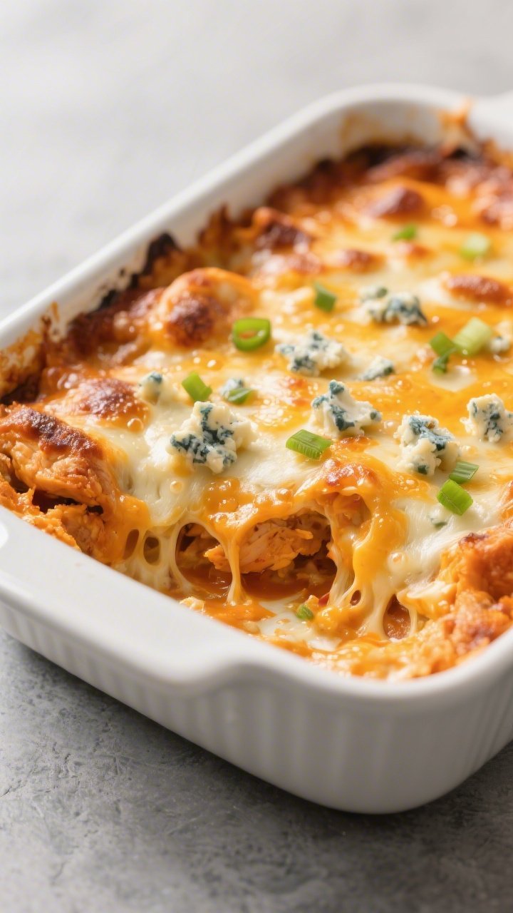 Close-up detail: A bubbling Keto Buffalo Chicken Dip Casserole just pulled from the oven, edges visi