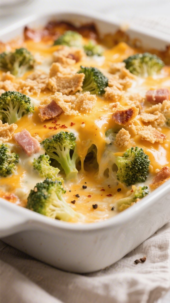 Close-up detail: A bubbling Keto Cheesy Broccoli Casserole just out of the oven, showing crisp-tende