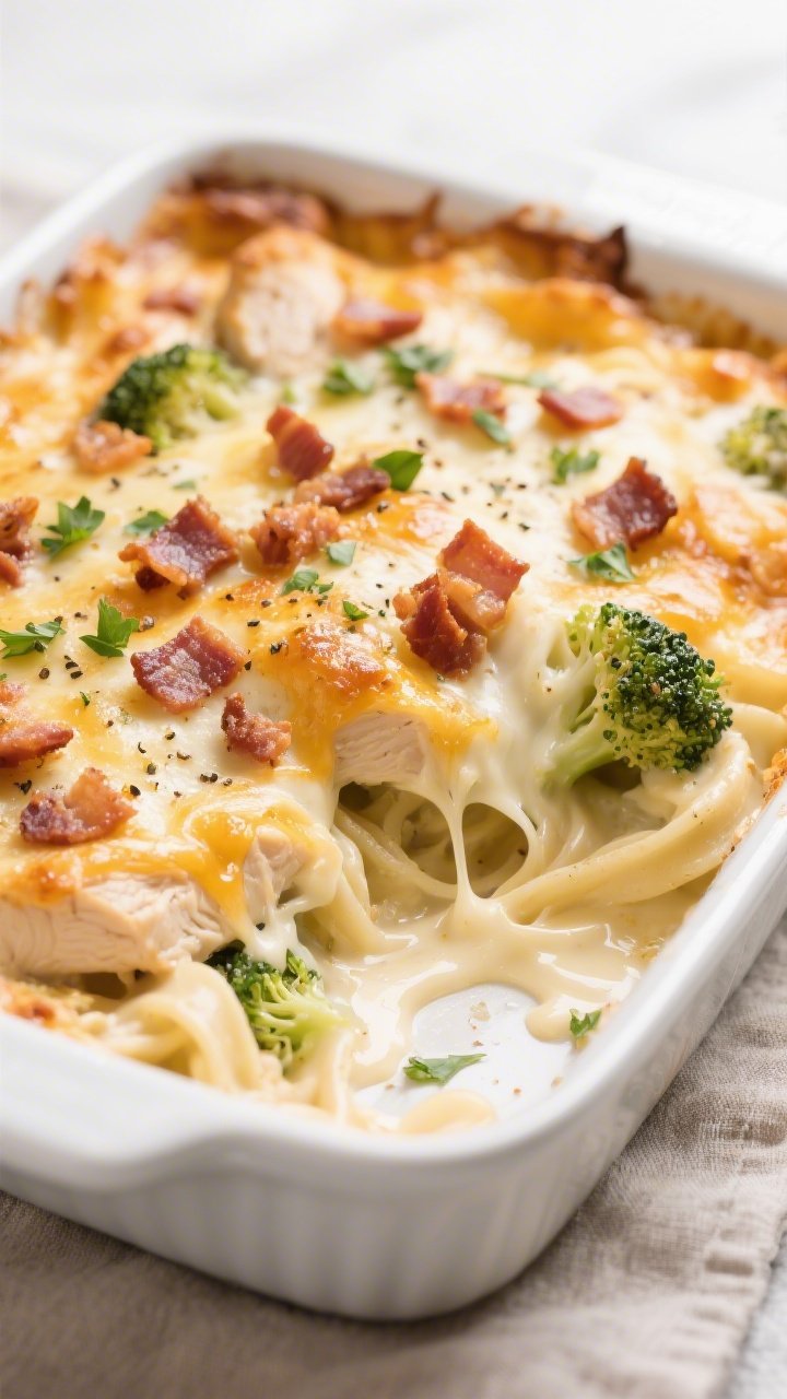 Close-up detail: A bubbling Keto Chicken Bacon Alfredo Bake just out of the oven, showing molten moz