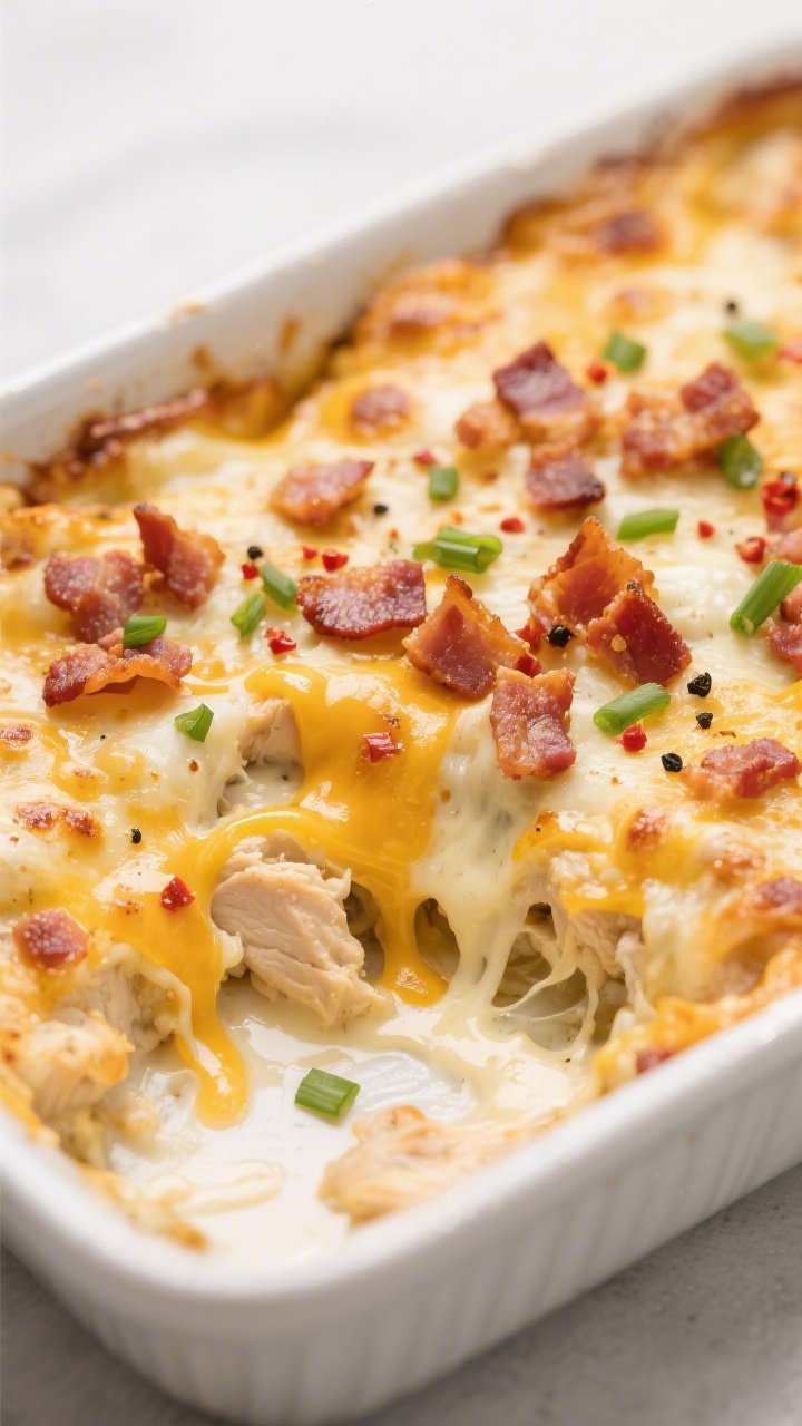 Close-up detail: A bubbling Keto Chicken Bacon Ranch Casserole just out of the oven, showing gooey m