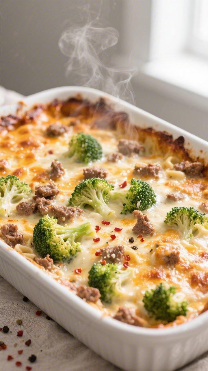 Close-up detail: A bubbling Keto Hamburger Broccoli Alfredo Bake just out of the oven, showing golde