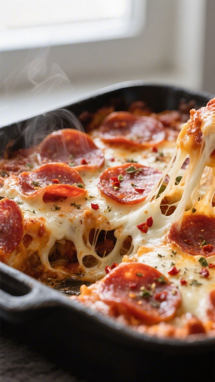 Close-up detail: A bubbling keto pepperoni pizza casserole just out of the oven, showing crisped, cu