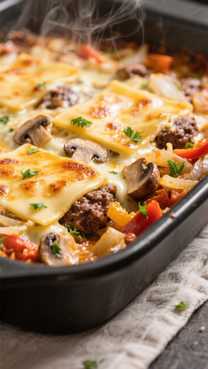 Close-up detail: A bubbling Keto Philly Style Hamburger Casserole just out of the oven, showing melt