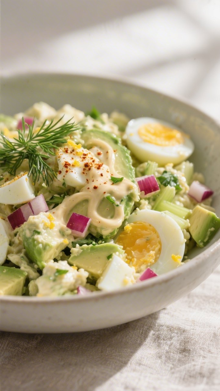 Close-up detail: A creamy bowl of prepared avocado egg salad mid-mix, showing chunky chopped hard-bo