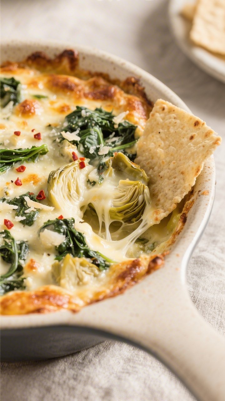 Close-up detail: A freshly baked creamy keto spinach & artichoke dip just out of the oven, edges bub