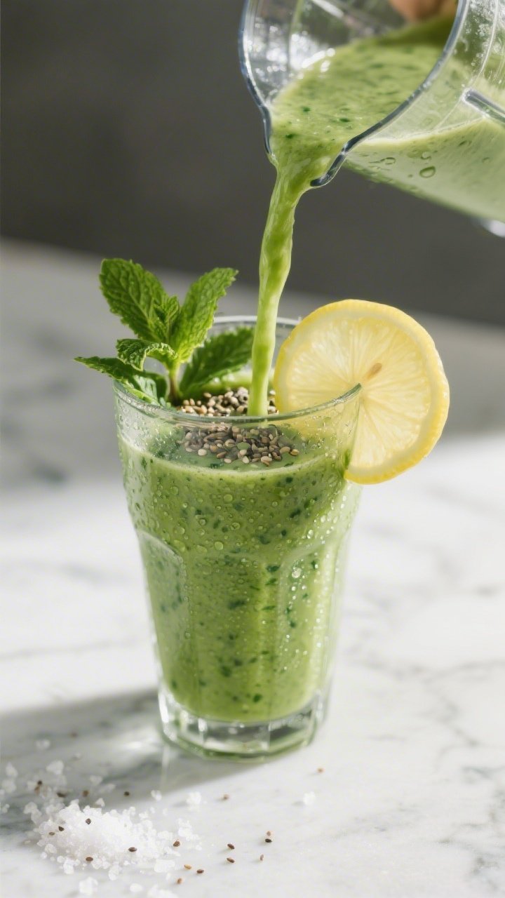 Close-up detail: A freshly blended Keto Green Smoothie being poured from a glass blender into a chil